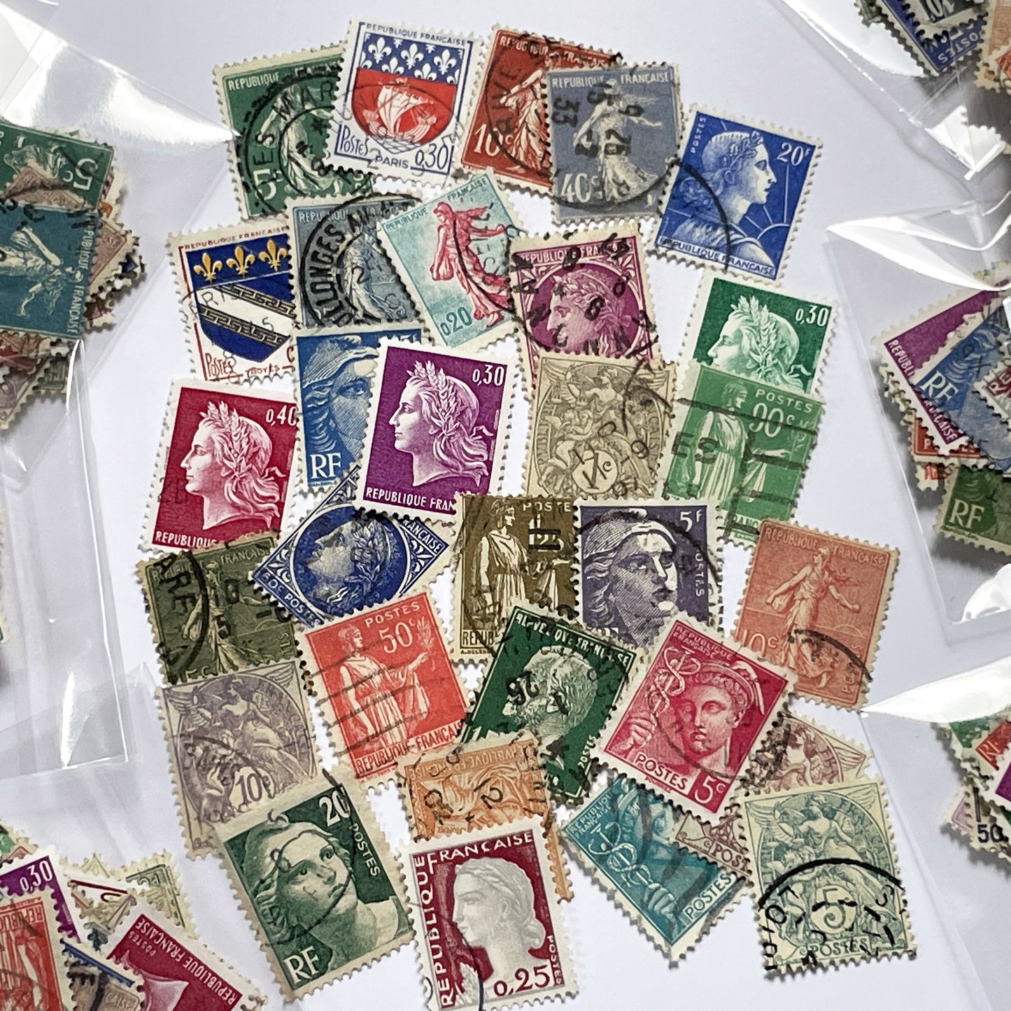 Lot of 30 Vintage French Postage Stamps – 1900s–1960s – Marianne, Sower, Coat of Arms, and Classical Designs