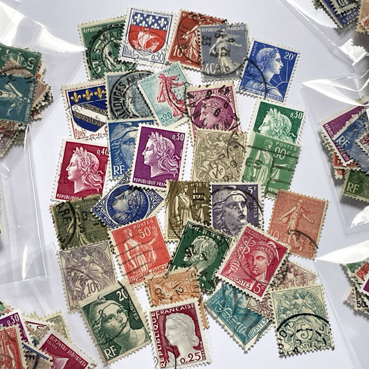 Lot of 30 Vintage French Postage Stamps – 1900s–1960s – Marianne, Sower, Coat of Arms, and Classical Designs