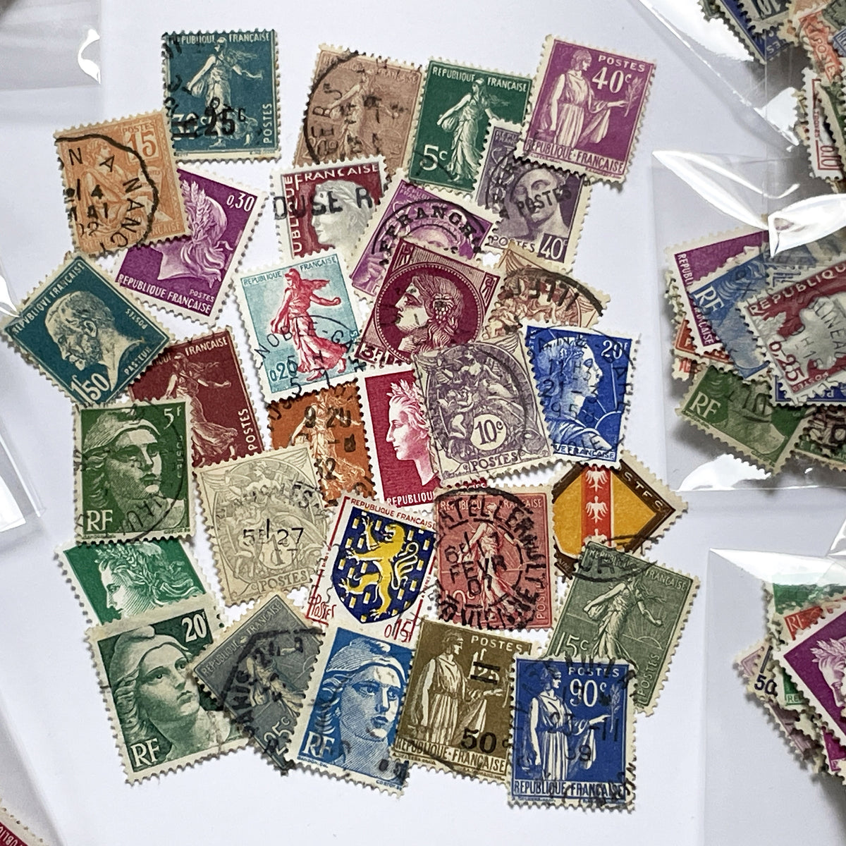 Lot of 30 Vintage French Postage Stamps – 1900s–1960s – Marianne, Sower, Coat of Arms, and Classical Designs