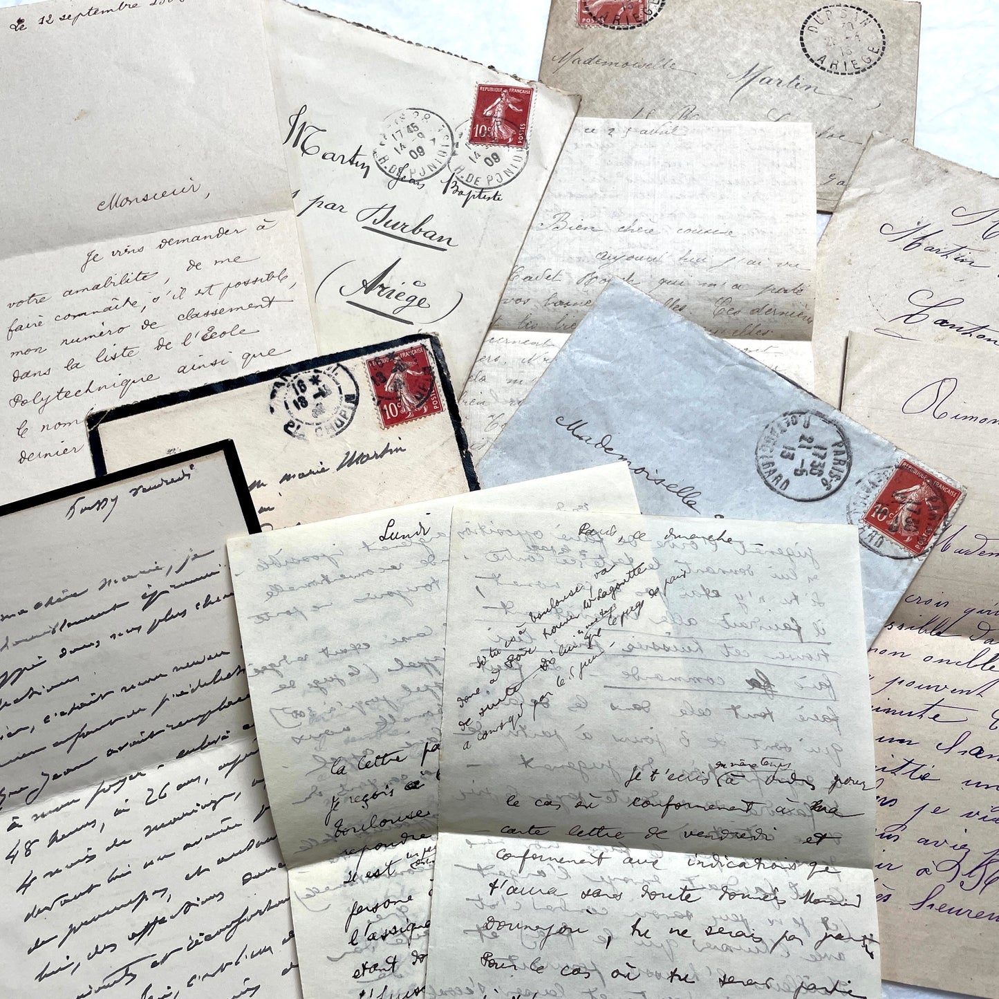 1900s French letters and envelopes set with handwritten correspondence and vintage stamps.