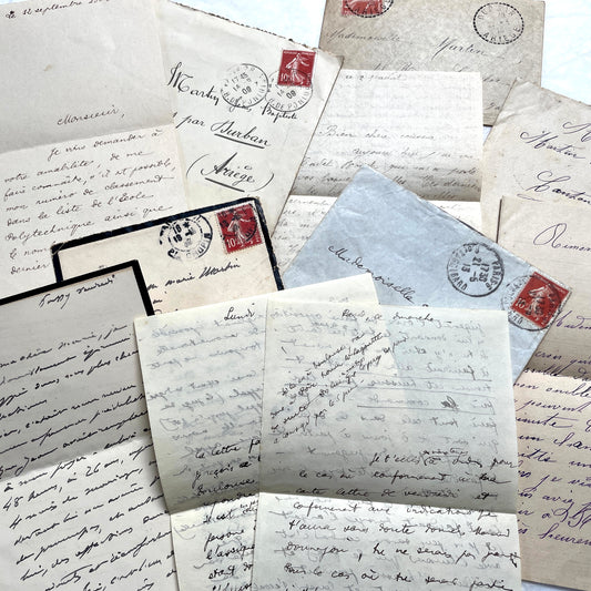 1900s French letters and envelopes set with handwritten correspondence and vintage stamps.