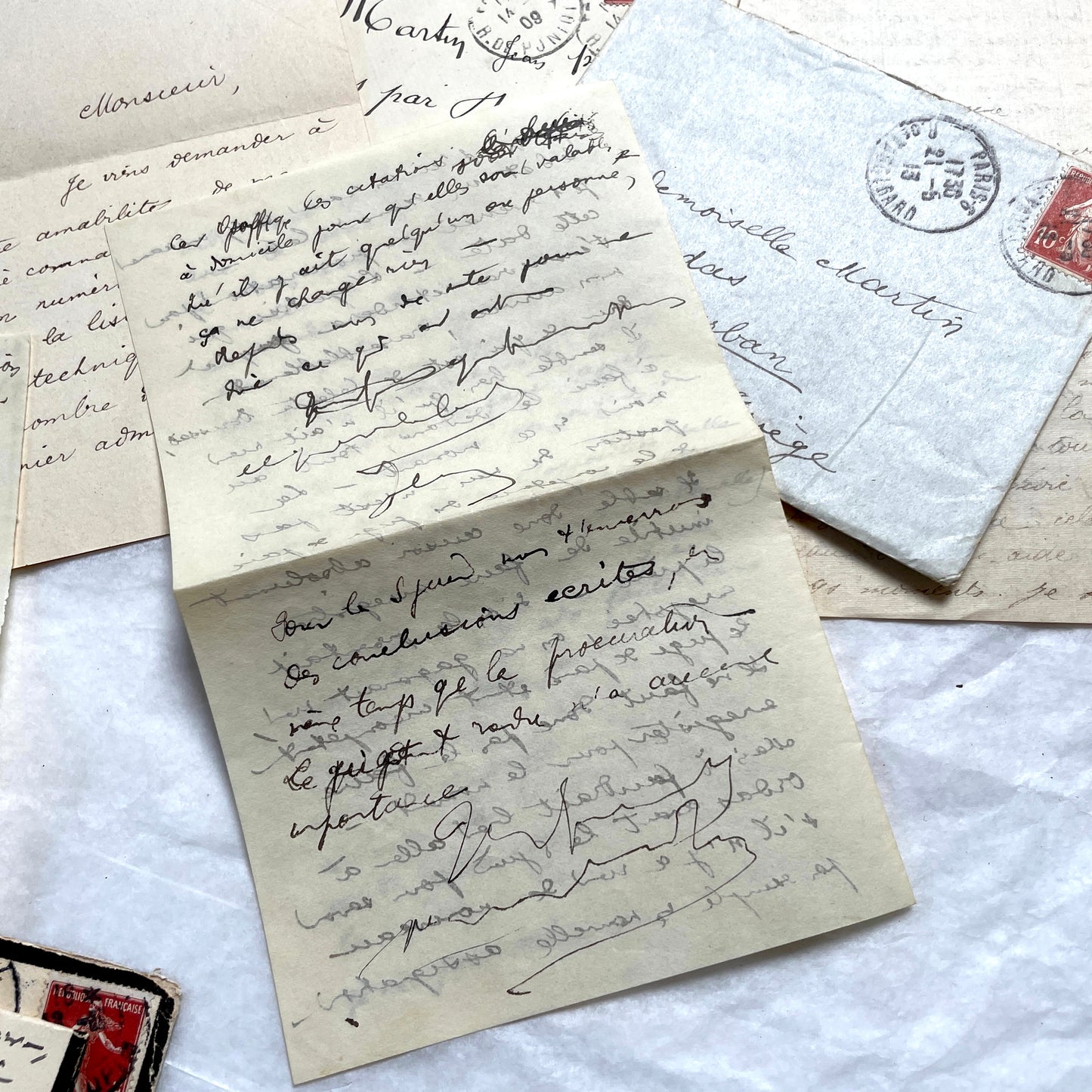 1900s French letters and envelopes set with handwritten correspondence and vintage stamps.