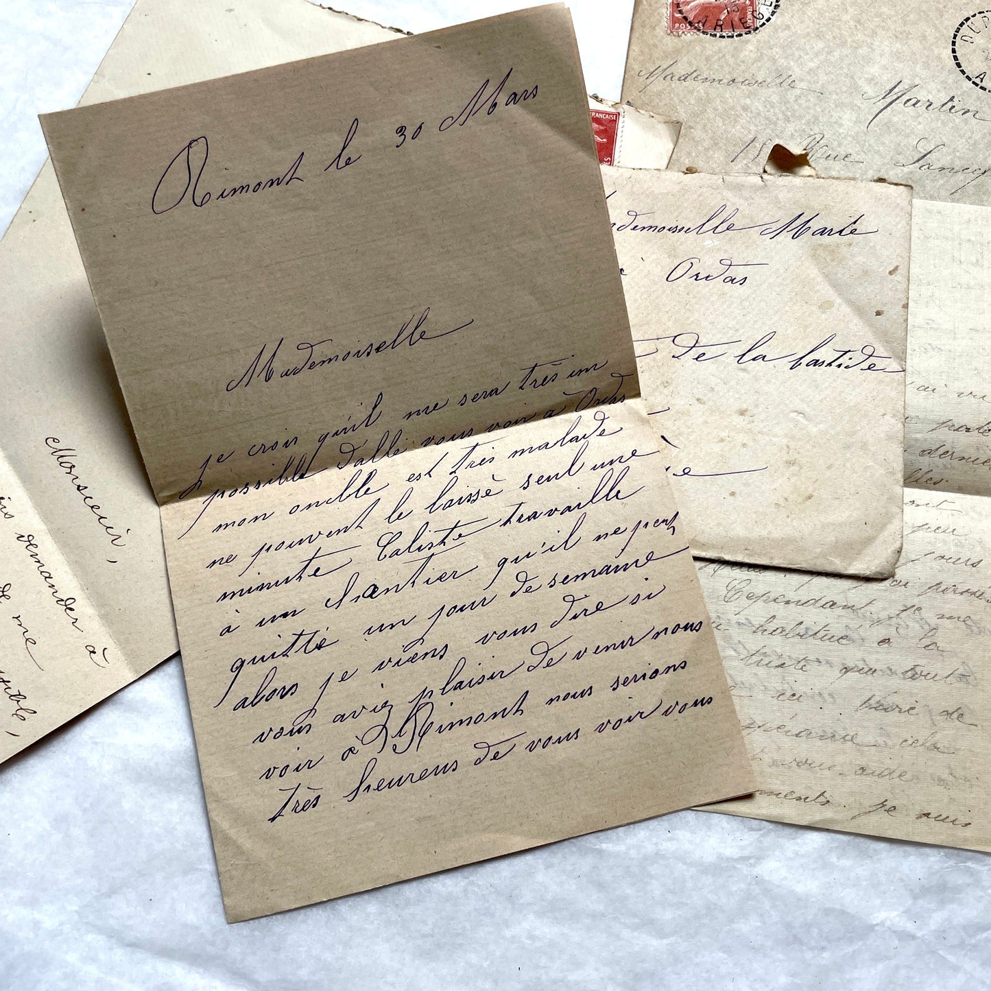 1900s French letters and envelopes set with handwritten correspondence and vintage stamps.