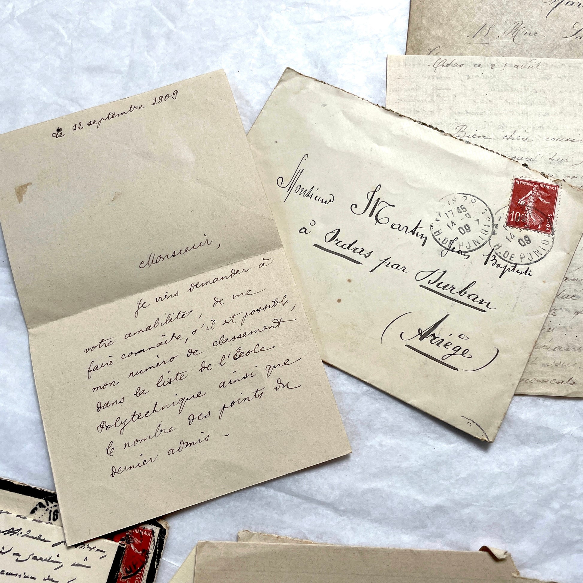 1900s French letters and envelopes set with handwritten correspondence and vintage stamps.