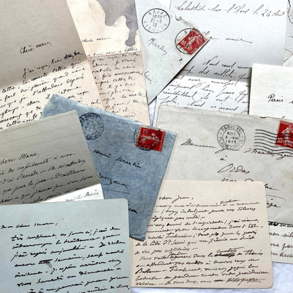 1910s vintage French letters and envelopes lot, featuring handwritten script, antique stamps, and historical postmarks.
