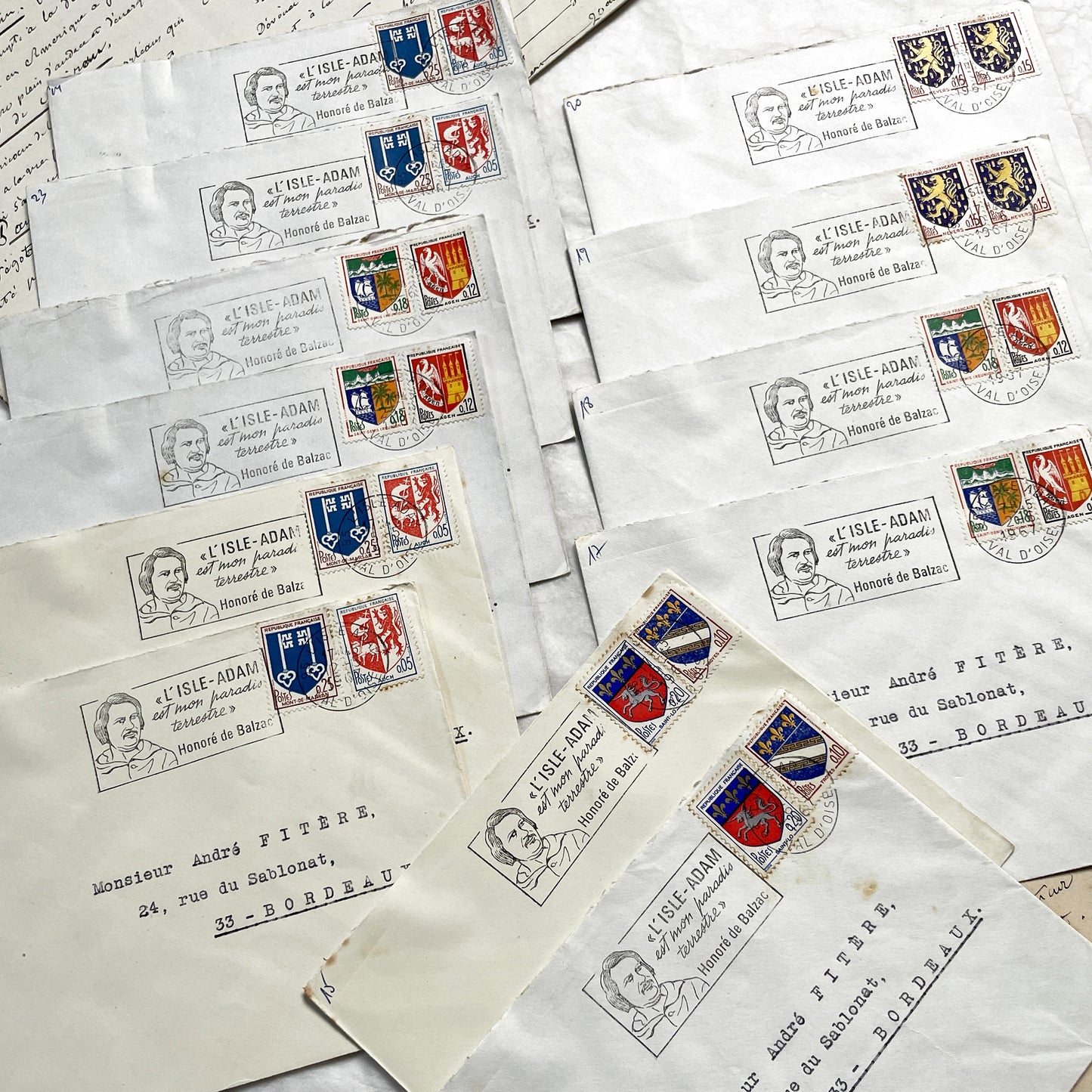 1960s - Set of 12 Vintage French Envelopes - Balzac Themed Postal Stamps - Heraldic Designs - Philately Collectible Lot