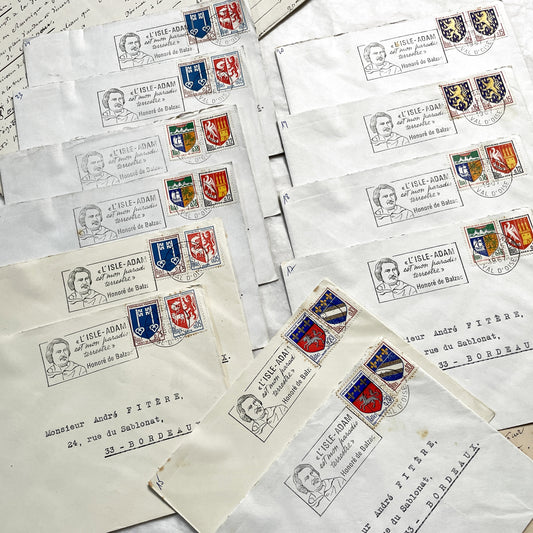 1960s - Set of 12 Vintage French Envelopes - Balzac Themed Postal Stamps - Heraldic Designs - Philately Collectible Lot