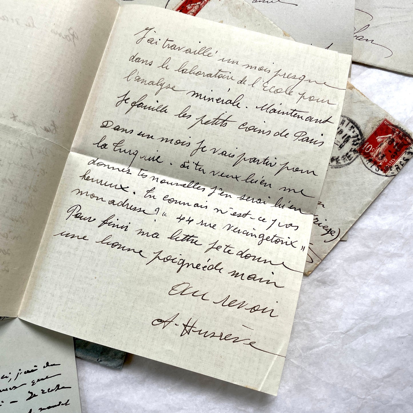 1910s vintage French letters and envelopes lot, featuring handwritten script, antique stamps, and historical postmarks.