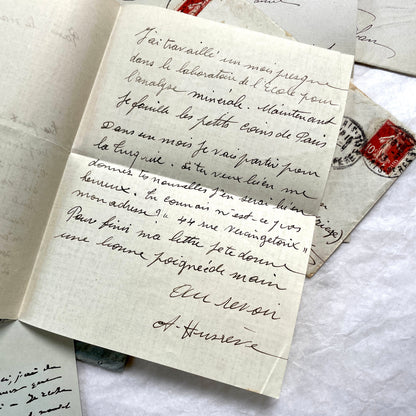 1910s vintage French letters and envelopes lot, featuring handwritten script, antique stamps, and historical postmarks.