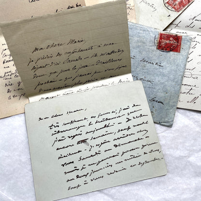 1910s vintage French letters and envelopes lot, featuring handwritten script, antique stamps, and historical postmarks.