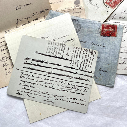 1910s vintage French letters and envelopes lot, featuring handwritten script, antique stamps, and historical postmarks.