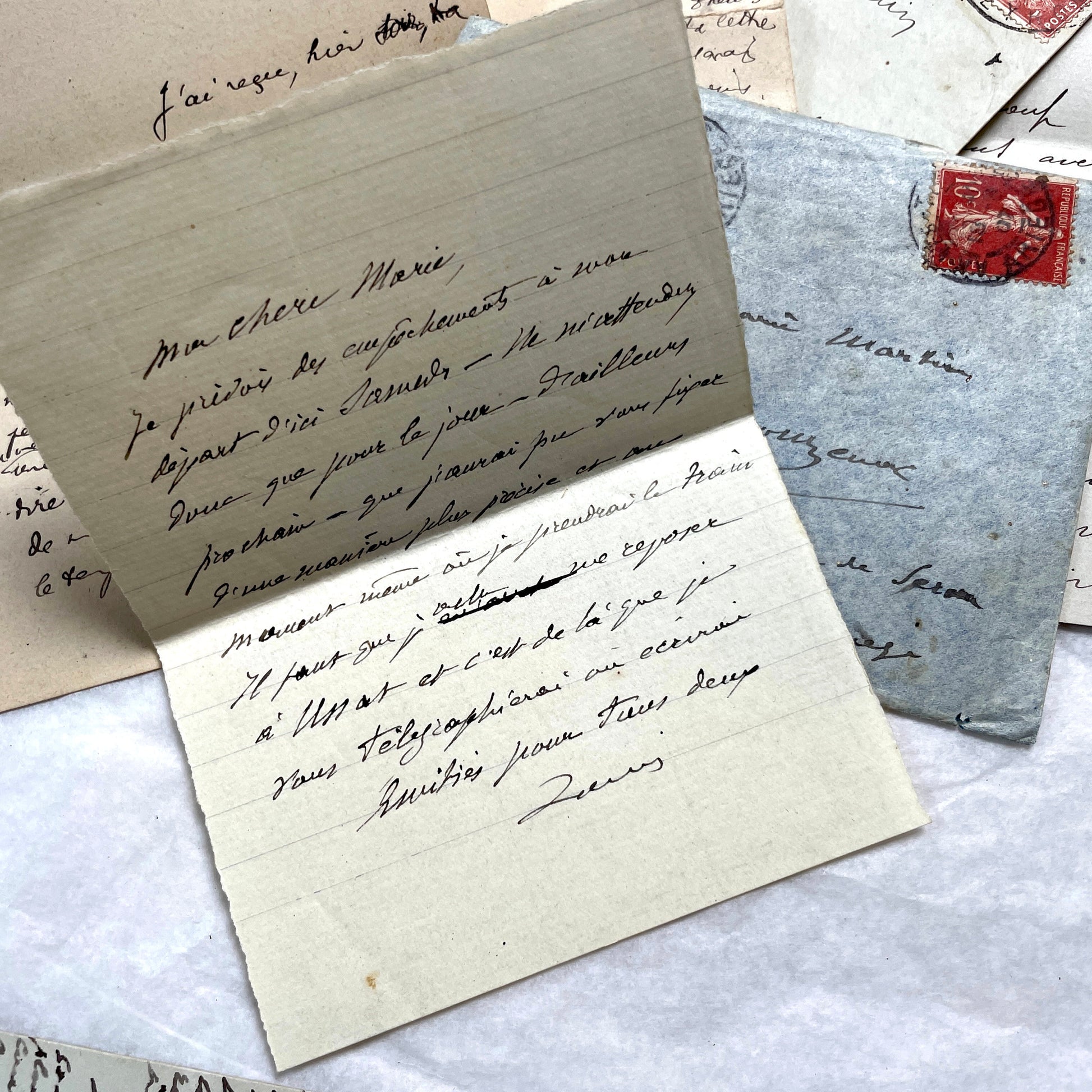 1910s vintage French letters and envelopes lot, featuring handwritten script, antique stamps, and historical postmarks.