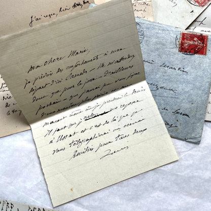 1910s vintage French letters and envelopes lot, featuring handwritten script, antique stamps, and historical postmarks.