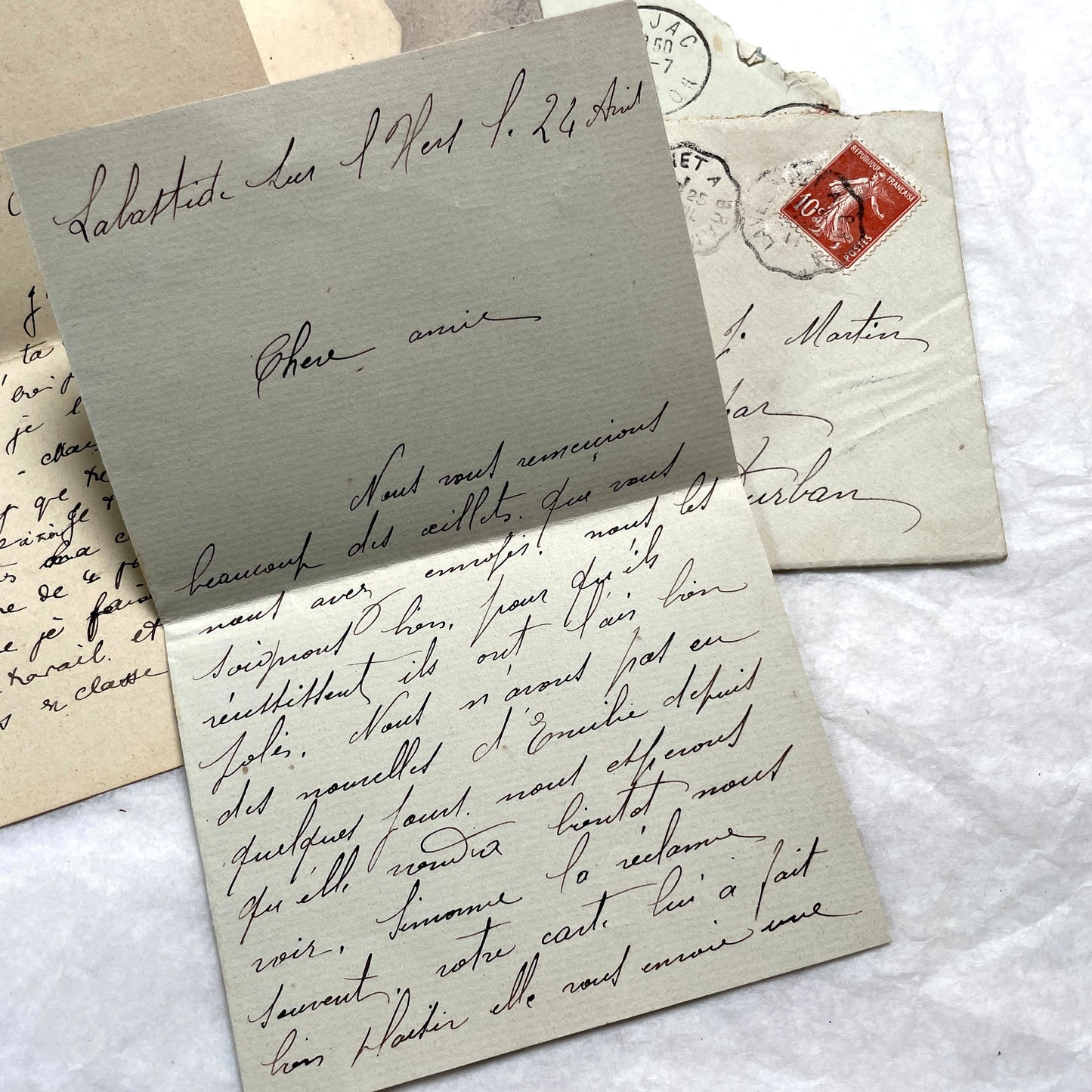 1910s vintage French letters and envelopes lot, featuring handwritten script, antique stamps, and historical postmarks.