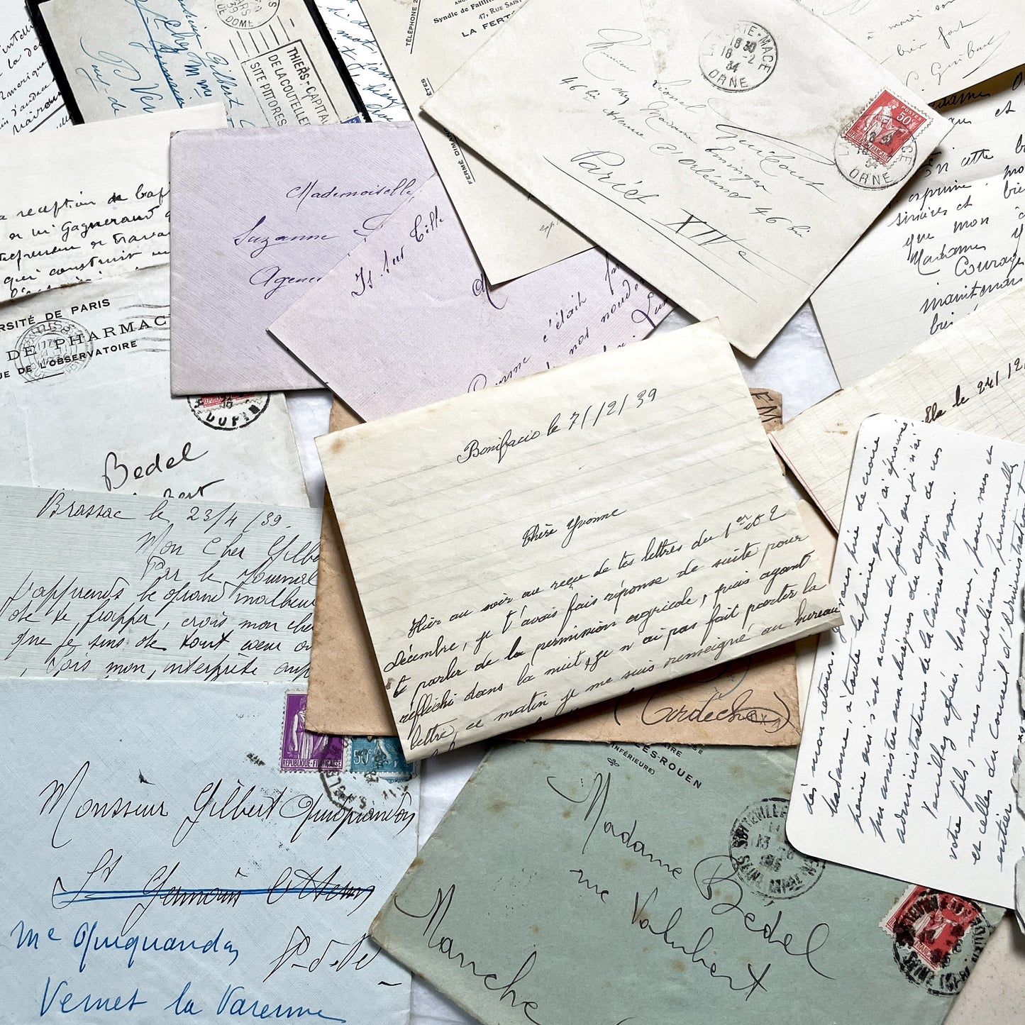 1930s - 10 French Letters with their Envelopes - Bundle of Antique French Letters and Envelopes – Handwritten 1930s Ephemera – Cursive Script, Ink, Mixed Paper Styles