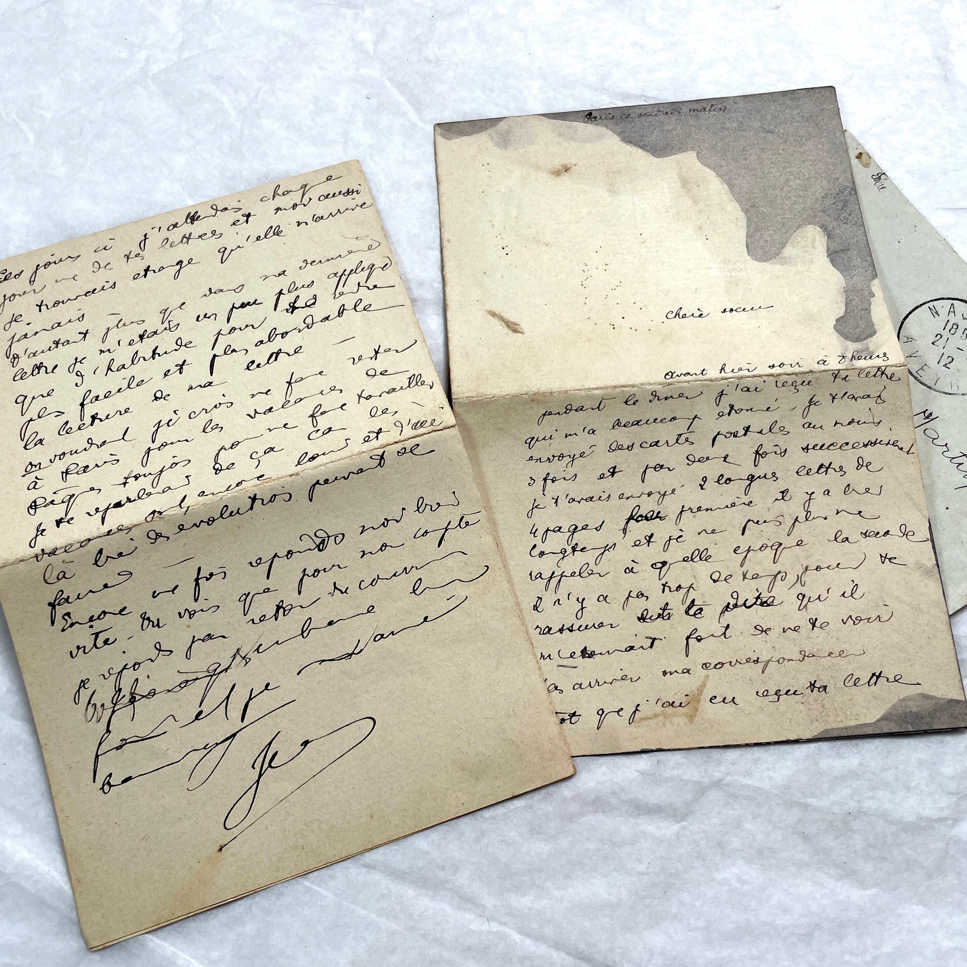 1910s vintage French letters and envelopes lot, featuring handwritten script, antique stamps, and historical postmarks.