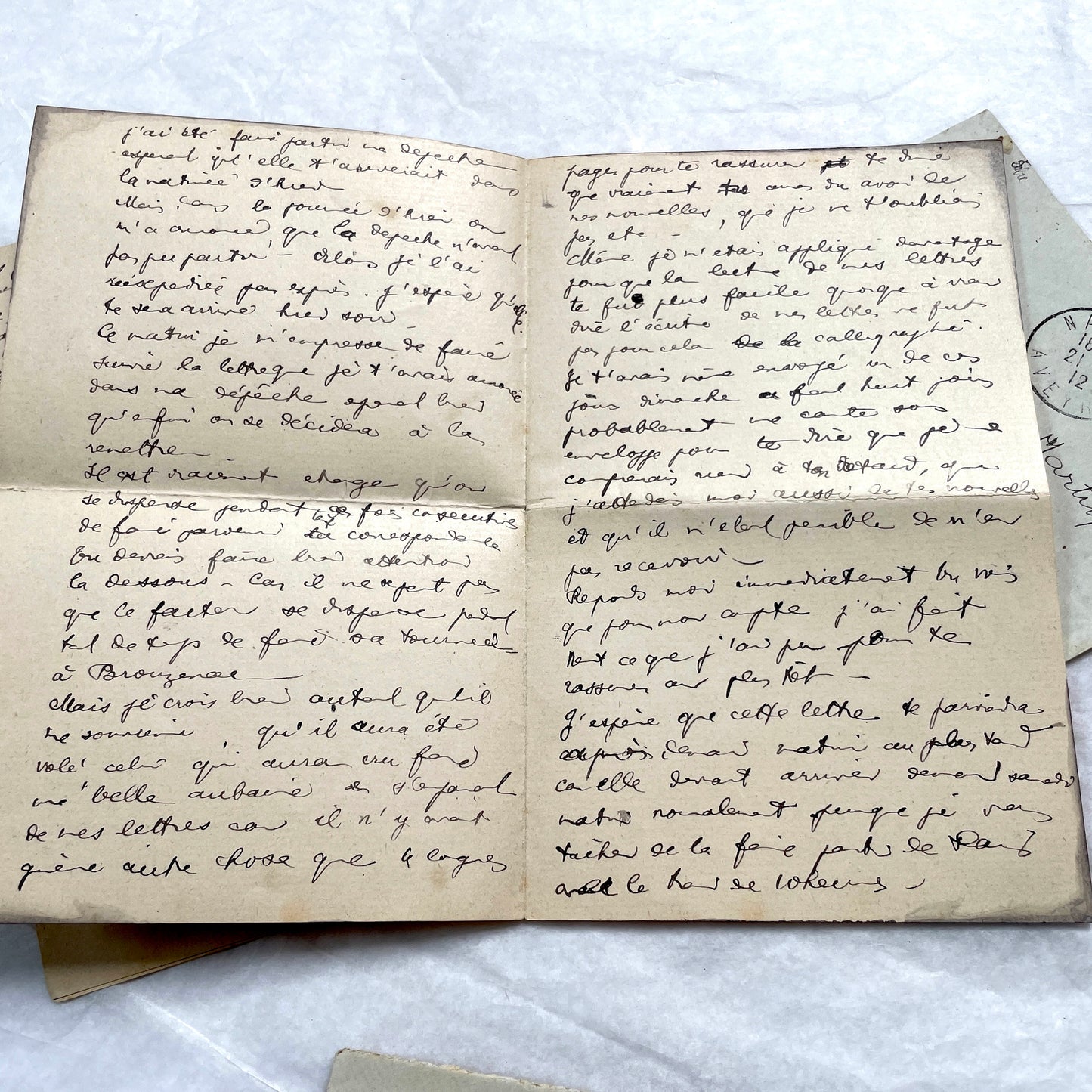 1910s vintage French letters and envelopes lot, featuring handwritten script, antique stamps, and historical postmarks.