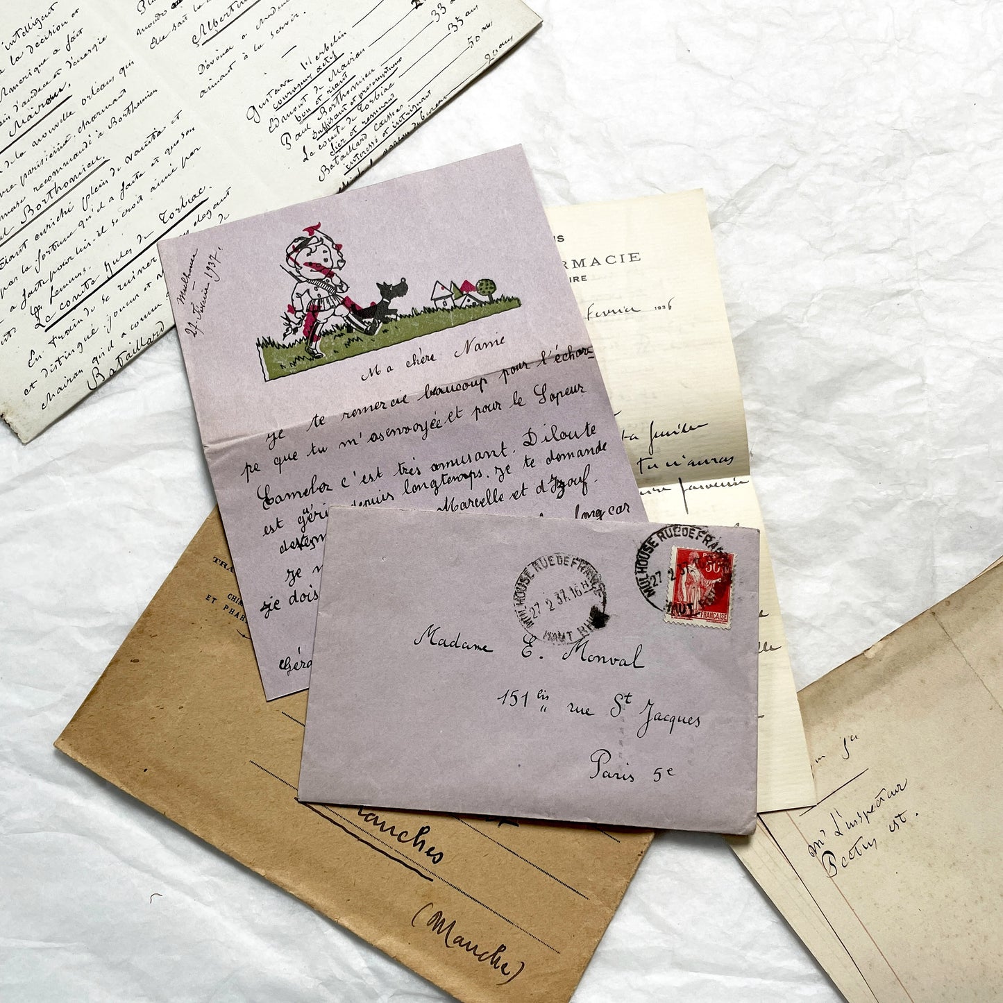 1930s - 10 French Letters with their Envelopes - Bundle of Antique French Letters and Envelopes – Handwritten 1930s Ephemera – Cursive Script, Ink, Mixed Paper Styles