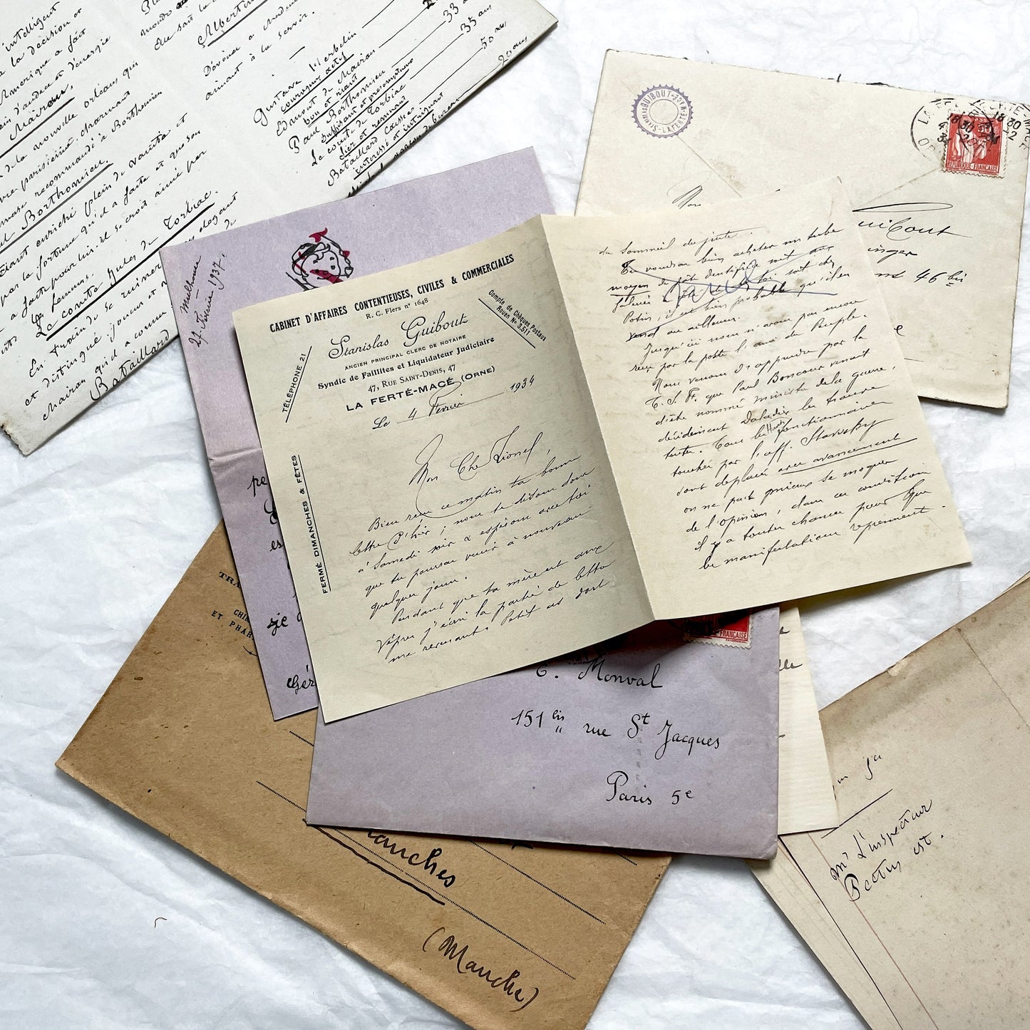 1930s - 10 French Letters with their Envelopes - Bundle of Antique French Letters and Envelopes – Handwritten 1930s Ephemera – Cursive Script, Ink, Mixed Paper Styles