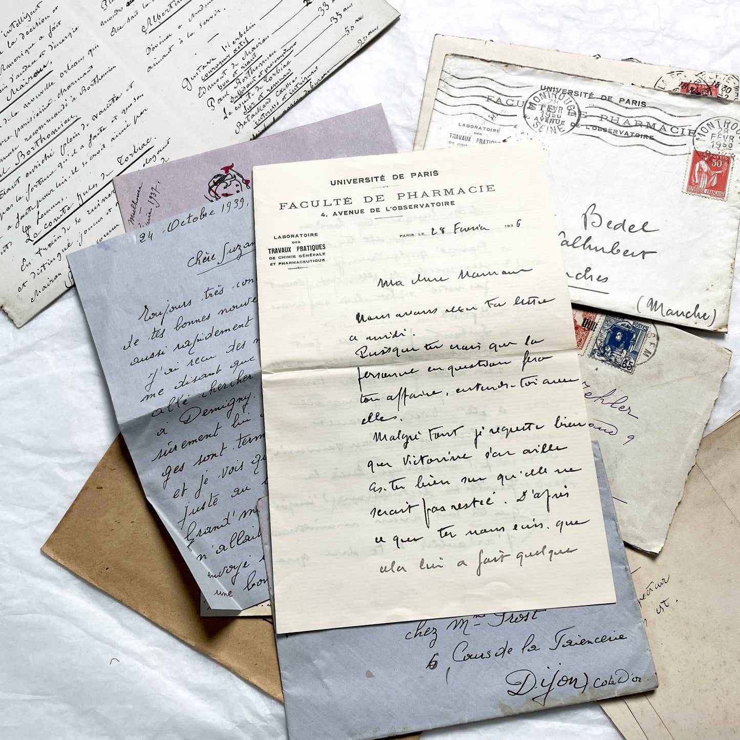 1930s - 10 French Letters with their Envelopes - Bundle of Antique French Letters and Envelopes – Handwritten 1930s Ephemera – Cursive Script, Ink, Mixed Paper Styles