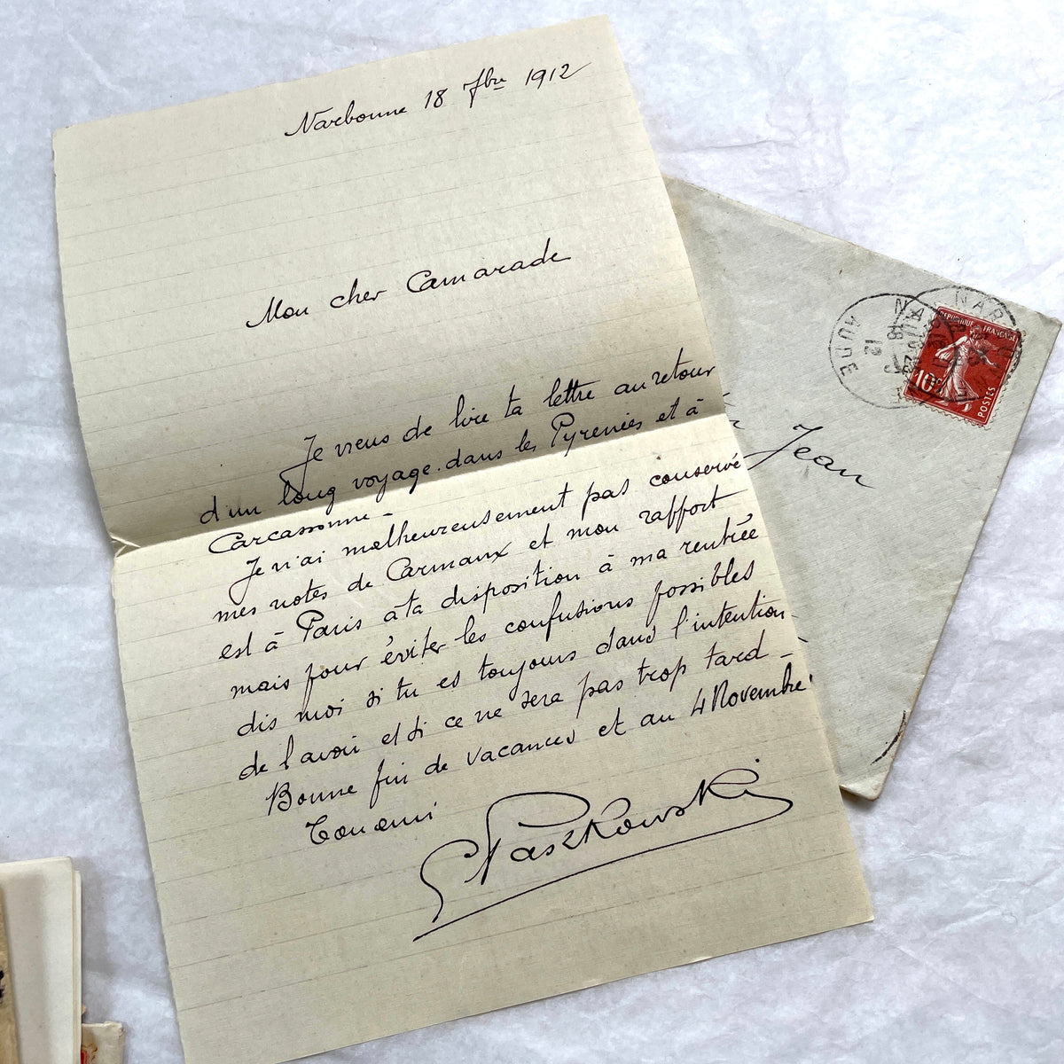 Lot of 5 French letters and envelopes from the 1900s, featuring handwritten text, original stamps, and legible postmarks.