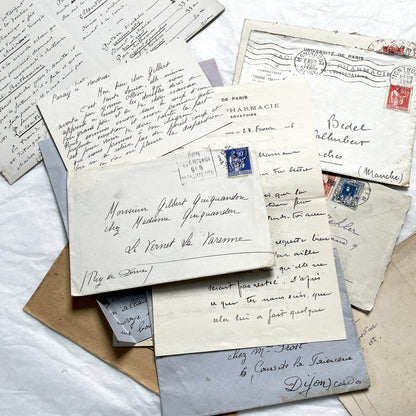 1930s - 10 French Letters with their Envelopes - Bundle of Antique French Letters and Envelopes – Handwritten 1930s Ephemera – Cursive Script, Ink, Mixed Paper Styles