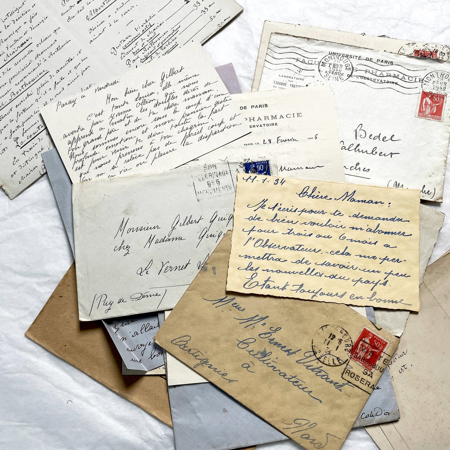 1930s - 10 French Letters with their Envelopes - Bundle of Antique French Letters and Envelopes – Handwritten 1930s Ephemera – Cursive Script, Ink, Mixed Paper Styles