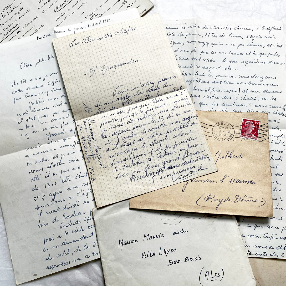 1950s - 10 French Letters with their Envelopes - Bundle of Antique French Letters and Envelopes – Handwritten 1930s Ephemera – Cursive Script, Ink, Mixed Paper Styles
