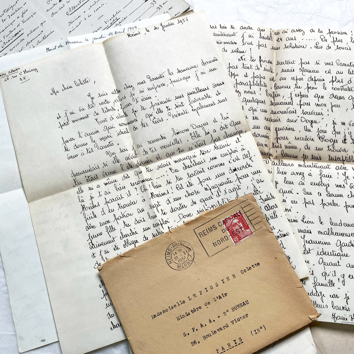 1950s - 10 French Letters with their Envelopes - Bundle of Antique French Letters and Envelopes – Handwritten 1930s Ephemera – Cursive Script, Ink, Mixed Paper Styles