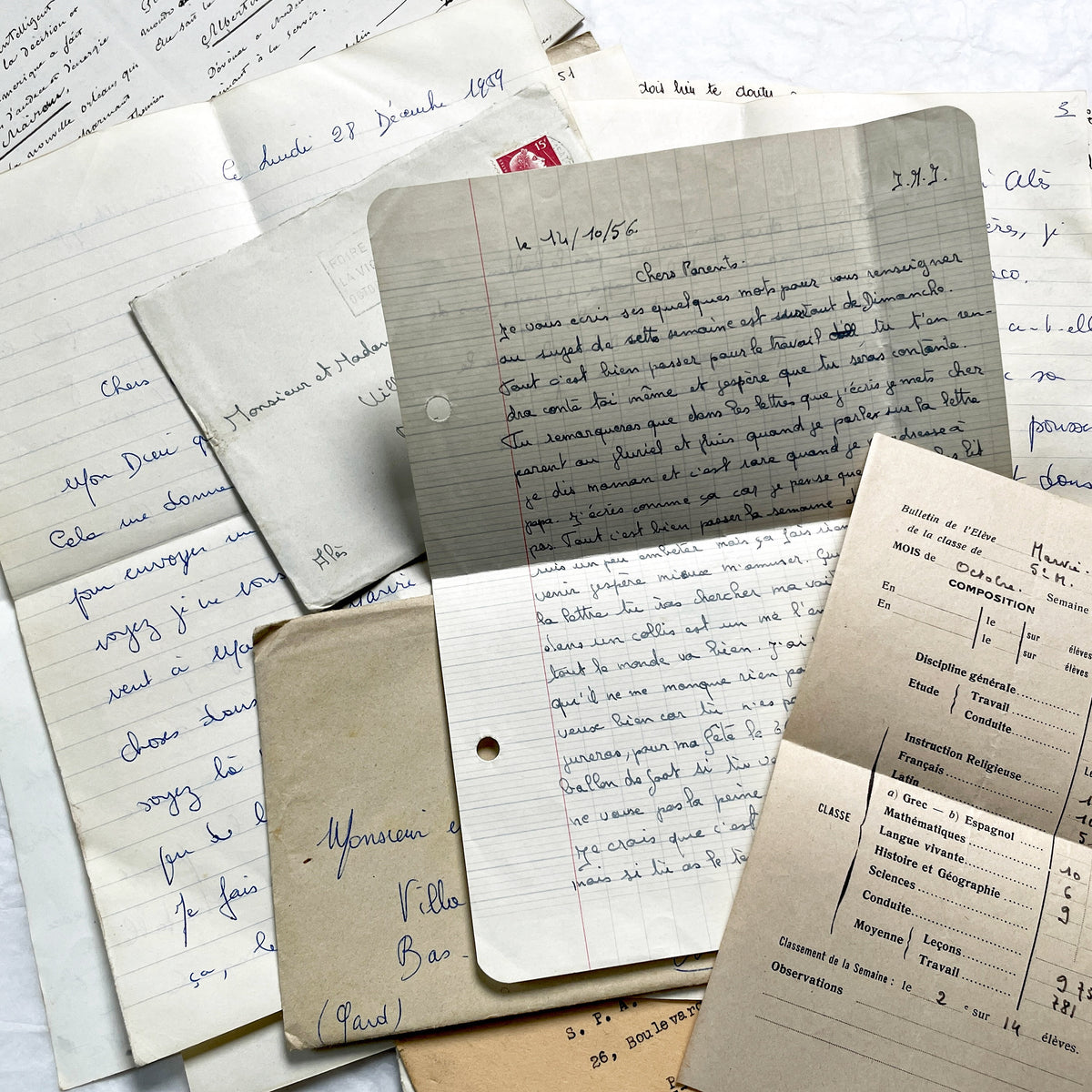 1950s - 10 French Letters with their Envelopes - Bundle of Antique French Letters and Envelopes – Handwritten 1930s Ephemera – Cursive Script, Ink, Mixed Paper Styles