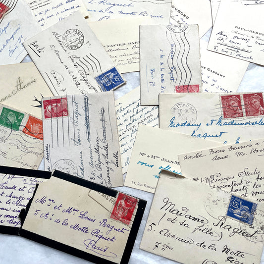 1940s French ephemera lot - vintage envelopes with handwritten notes, stamps, and postal marks.
