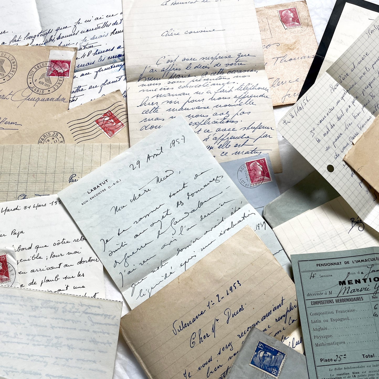 1950s - 10 French Letters with their Envelopes - Bundle of Antique French Letters and Envelopes – Handwritten 1930s Ephemera – Cursive Script, Ink, Mixed Paper Styles