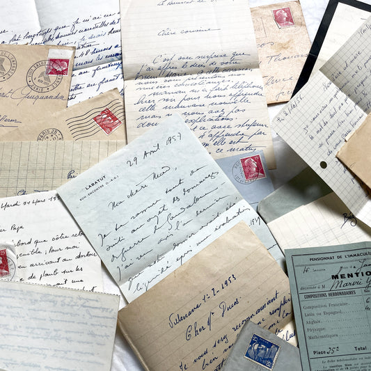 1950s - 10 French Letters with their Envelopes - Bundle of Antique French Letters and Envelopes – Handwritten 1930s Ephemera – Cursive Script, Ink, Mixed Paper Styles