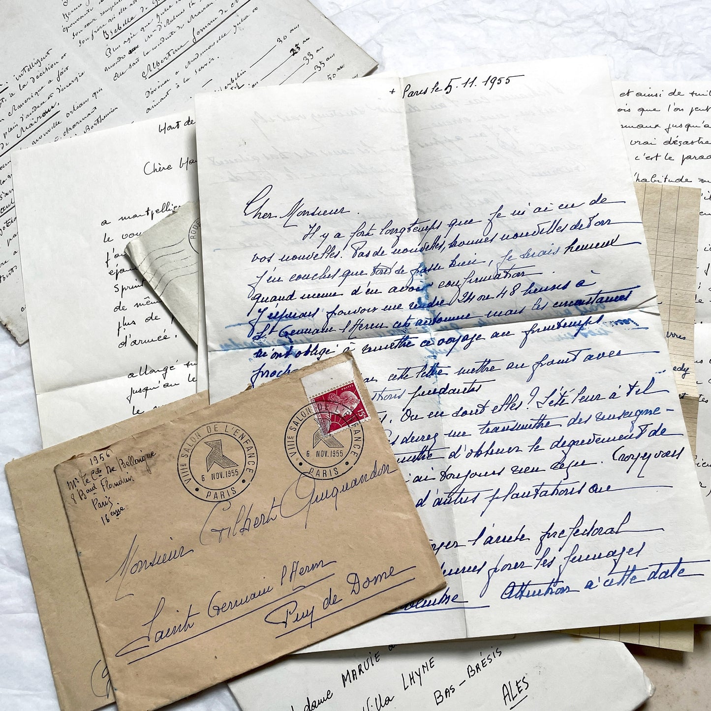 1950s - 10 French Letters with their Envelopes - Bundle of Antique French Letters and Envelopes – Handwritten 1930s Ephemera – Cursive Script, Ink, Mixed Paper Styles