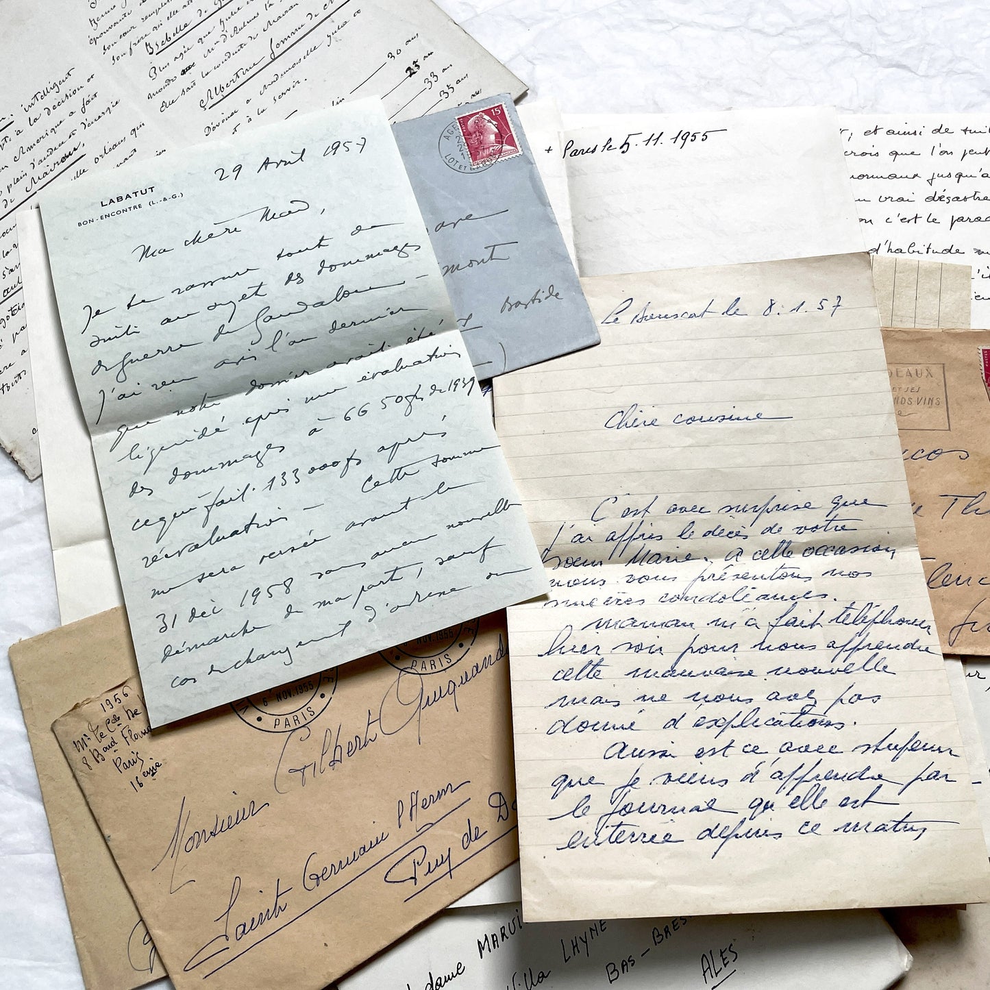 1950s - 10 French Letters with their Envelopes - Bundle of Antique French Letters and Envelopes – Handwritten 1930s Ephemera – Cursive Script, Ink, Mixed Paper Styles