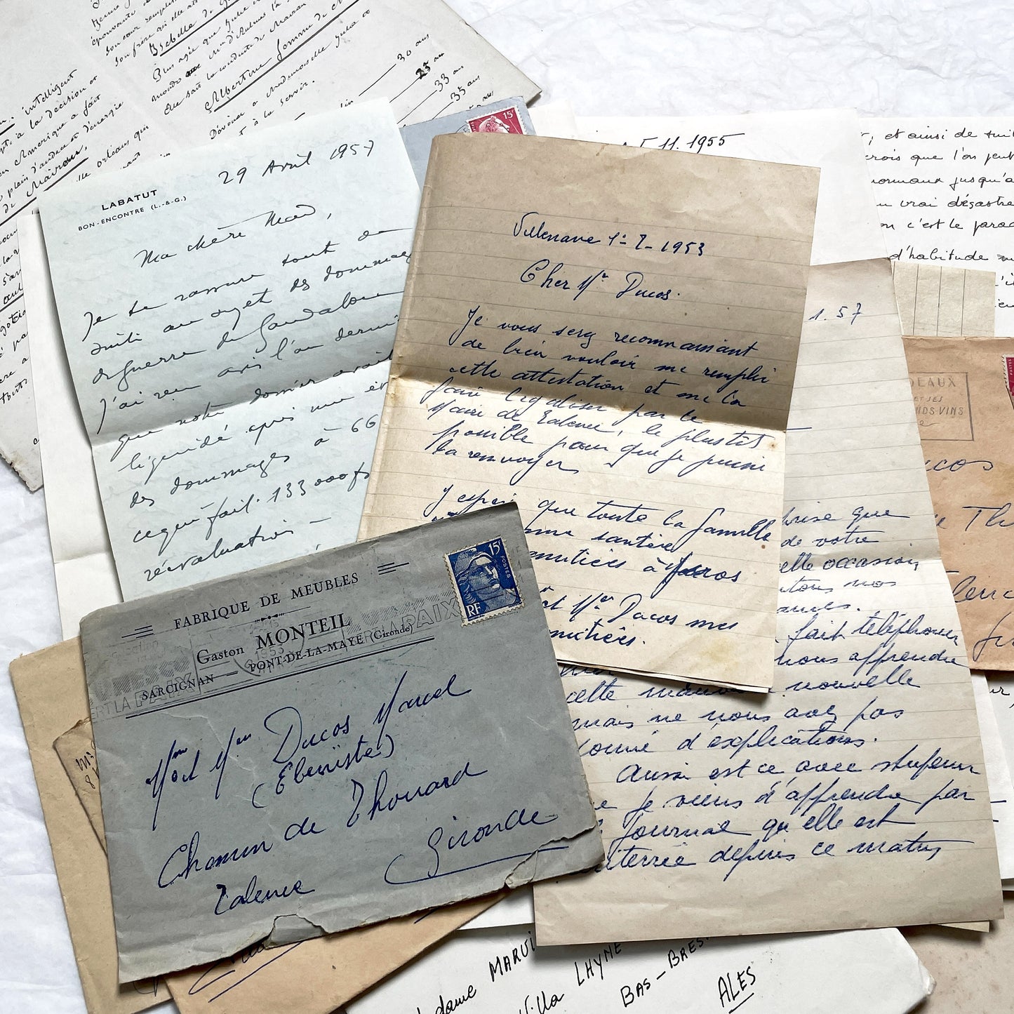 1950s - 10 French Letters with their Envelopes - Bundle of Antique French Letters and Envelopes – Handwritten 1930s Ephemera – Cursive Script, Ink, Mixed Paper Styles