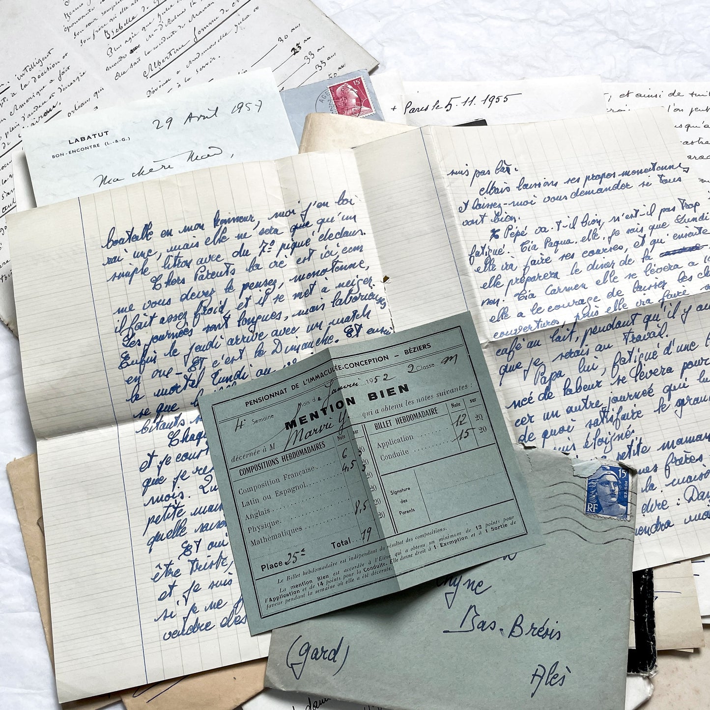 1950s - 10 French Letters with their Envelopes - Bundle of Antique French Letters and Envelopes – Handwritten 1930s Ephemera – Cursive Script, Ink, Mixed Paper Styles