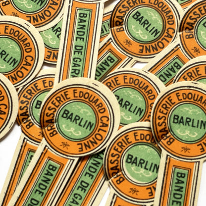 1930s - 30 French labels coloured green and orange - Vintage Beer Bottle Labels - Brasserie Édouard Calonne Barlin - “Bande de Garantie”