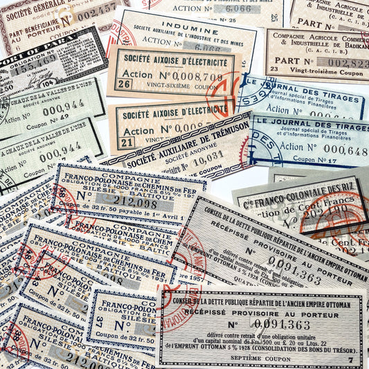 1930s - Lot of 30 Vintage French Bond Coupons - Decorative Financial Ephemera - Investment History - Industrial Companies