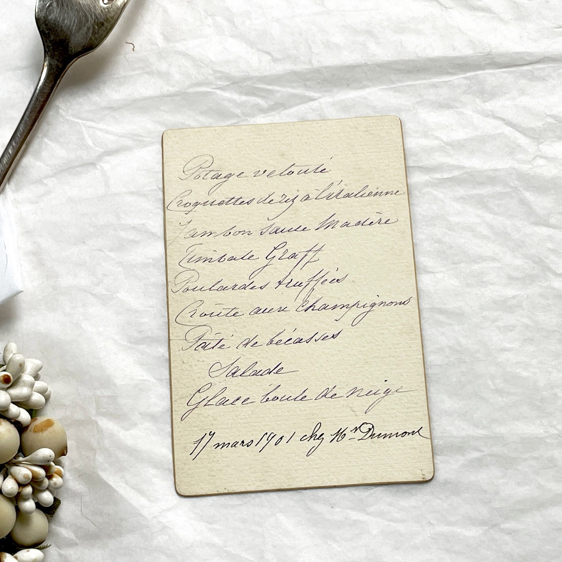 1900s - Vintage Handwritten French Dinner Menu Card, 1901 - Offering Classic French Cuisine with Truffled Pullets and Woodcock Pâté.