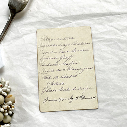 1900s - Vintage Handwritten French Dinner Menu Card, 1901 - Offering Classic French Cuisine with Truffled Pullets and Woodcock Pâté.