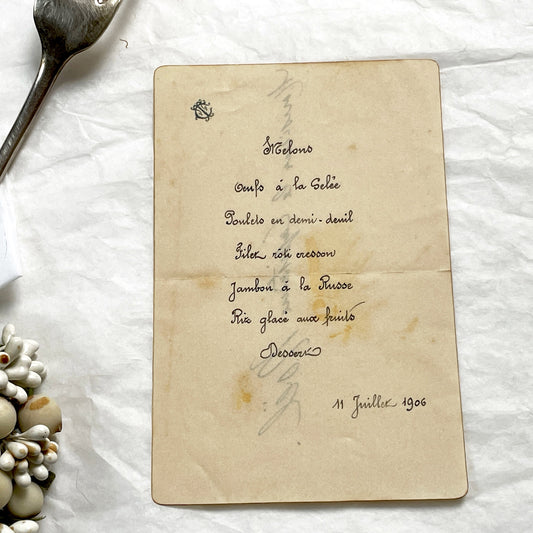 1900s - Handwritten Menu Card for a Formal Meal - French Cuisine from the Belle Époque - Vintage Historical Dinner Ephemera