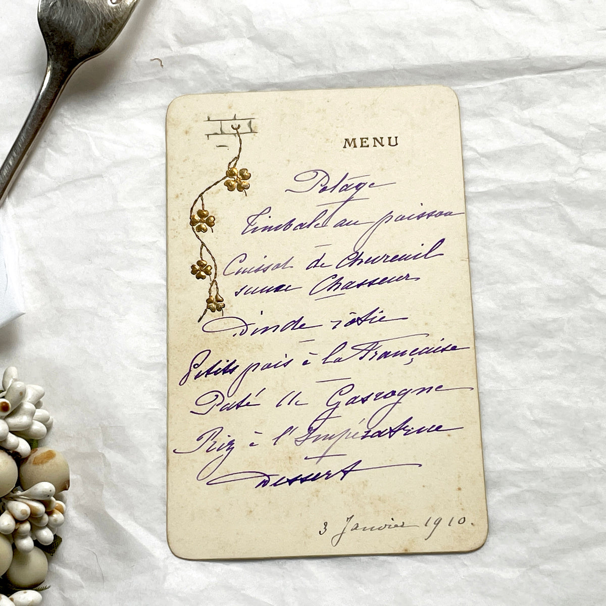 1910s - Antique French Menu Card from 1910 - Hand-Written Dinner Selection - Elegant Culinary History - Vintage Dining Memorabilia