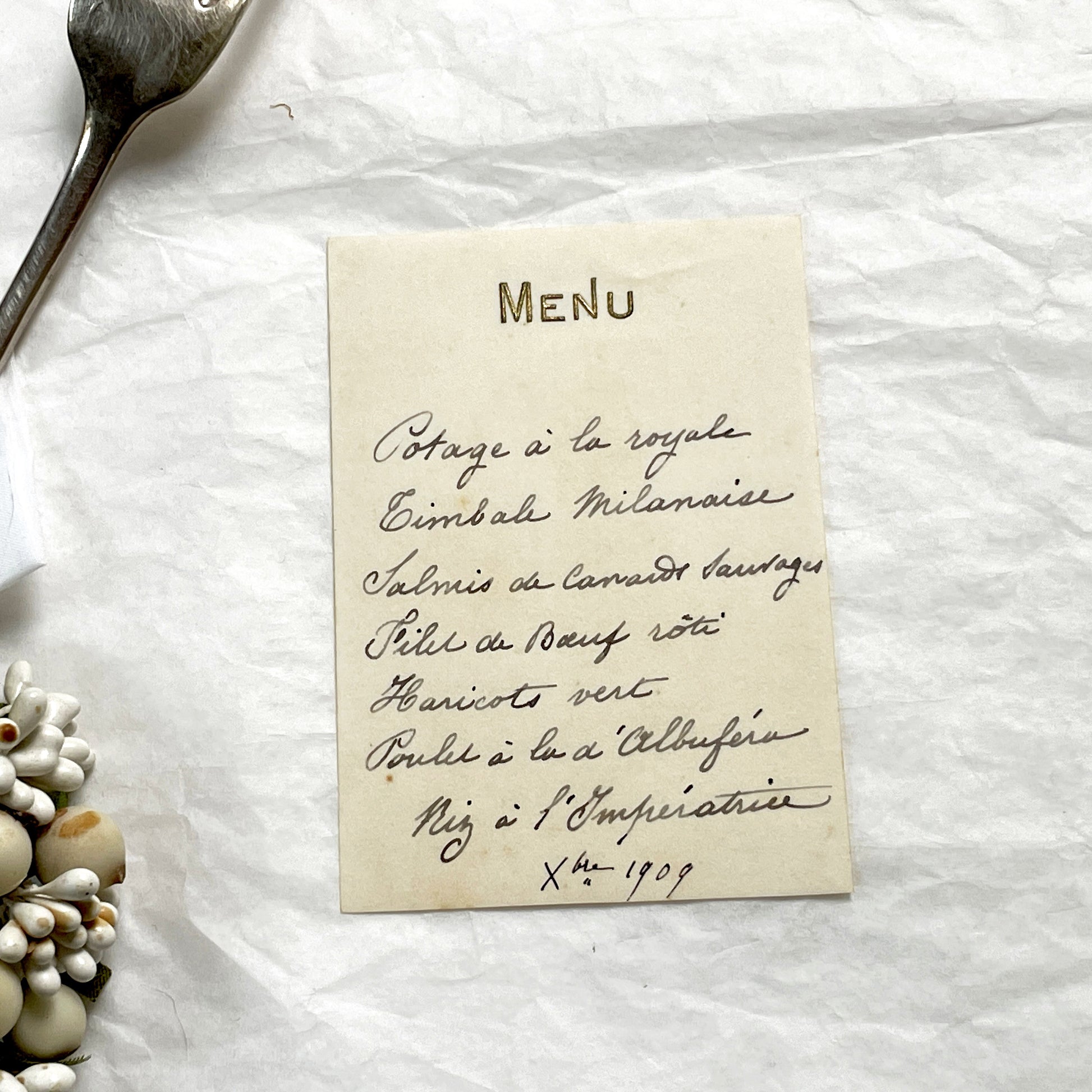 1900s - Vintage French Handwritten Menu Card - Elegant Dining Experience Featuring Classic French Cuisine - Historical Culinary Document