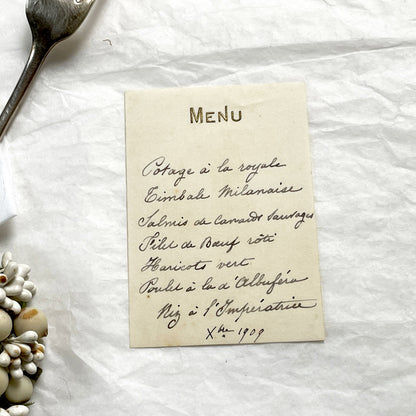 1900s - Vintage French Handwritten Menu Card - Elegant Dining Experience Featuring Classic French Cuisine - Historical Culinary Document