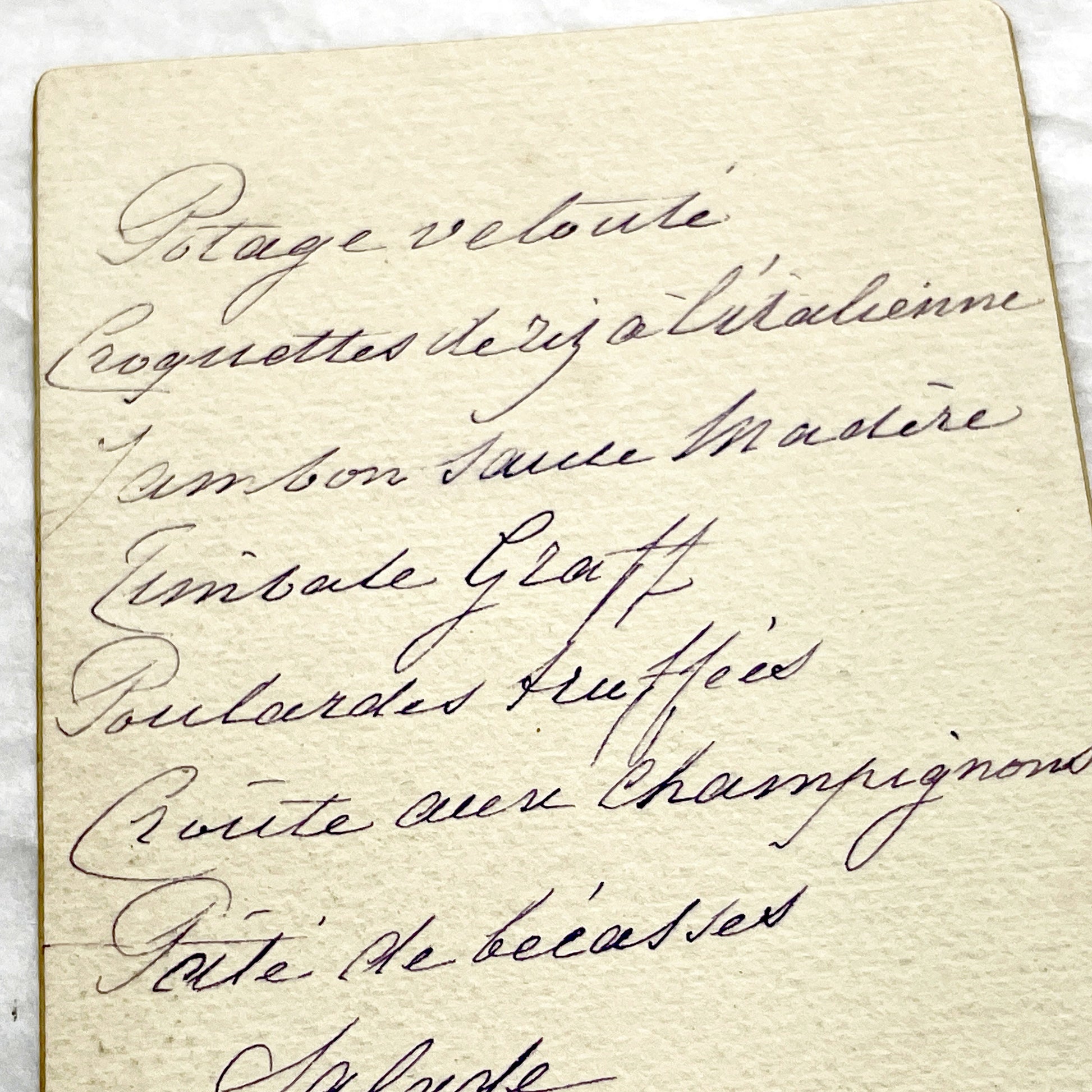 1900s - Vintage Handwritten French Dinner Menu Card, 1901 - Offering Classic French Cuisine with Truffled Pullets and Woodcock Pâté.