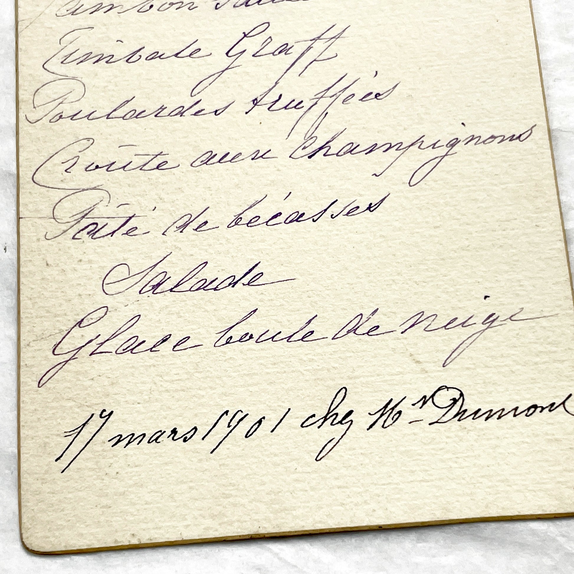 1900s - Vintage Handwritten French Dinner Menu Card, 1901 - Offering Classic French Cuisine with Truffled Pullets and Woodcock Pâté.