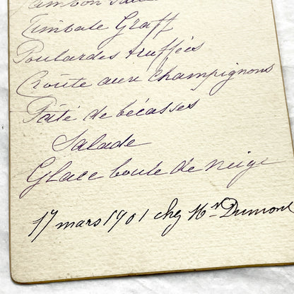 1900s - Vintage Handwritten French Dinner Menu Card, 1901 - Offering Classic French Cuisine with Truffled Pullets and Woodcock Pâté.