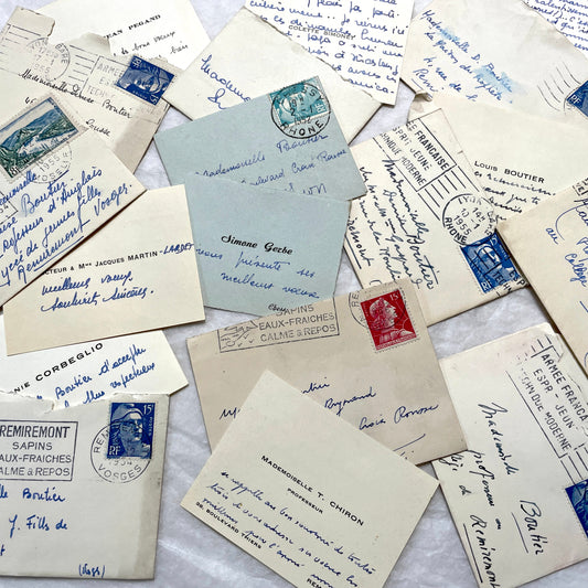 1950s French ephemera lot of 10 vintage envelopes with handwritten messages, postmarks, and stamps.