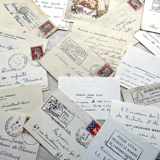 Lot of 10 vintage French envelopes from the 1950s, featuring handwritten addresses, stamps, and various postmarks.